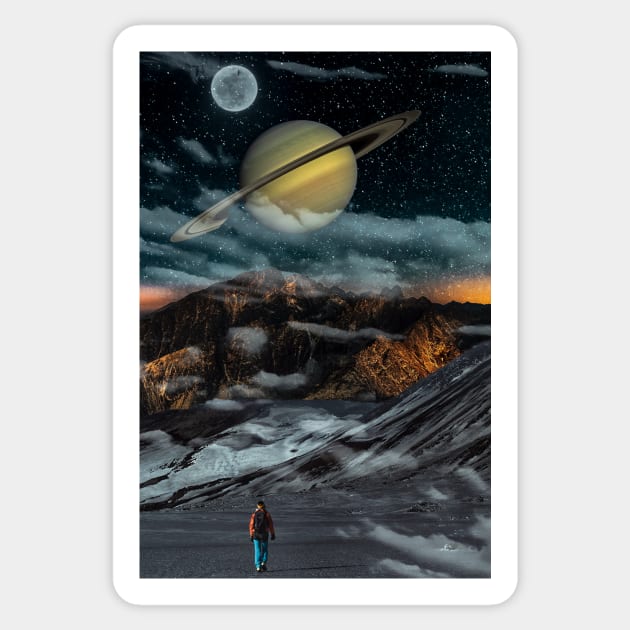 Journey into the Night: Artwork of a Man Walking under a Starry Sky Sticker by The Art of Space